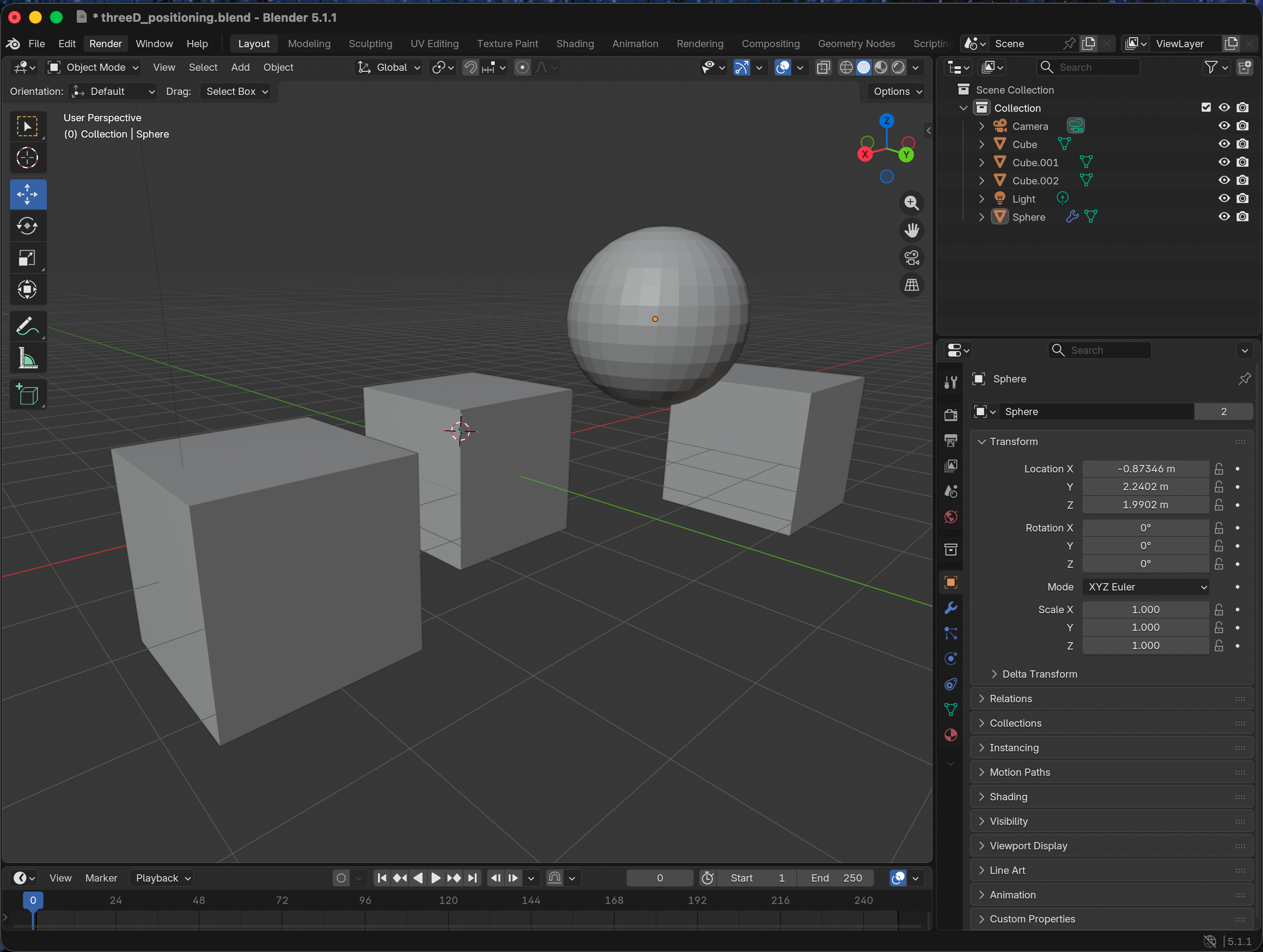 Blender simulation scene for 3D multilateration with anchors and a tag