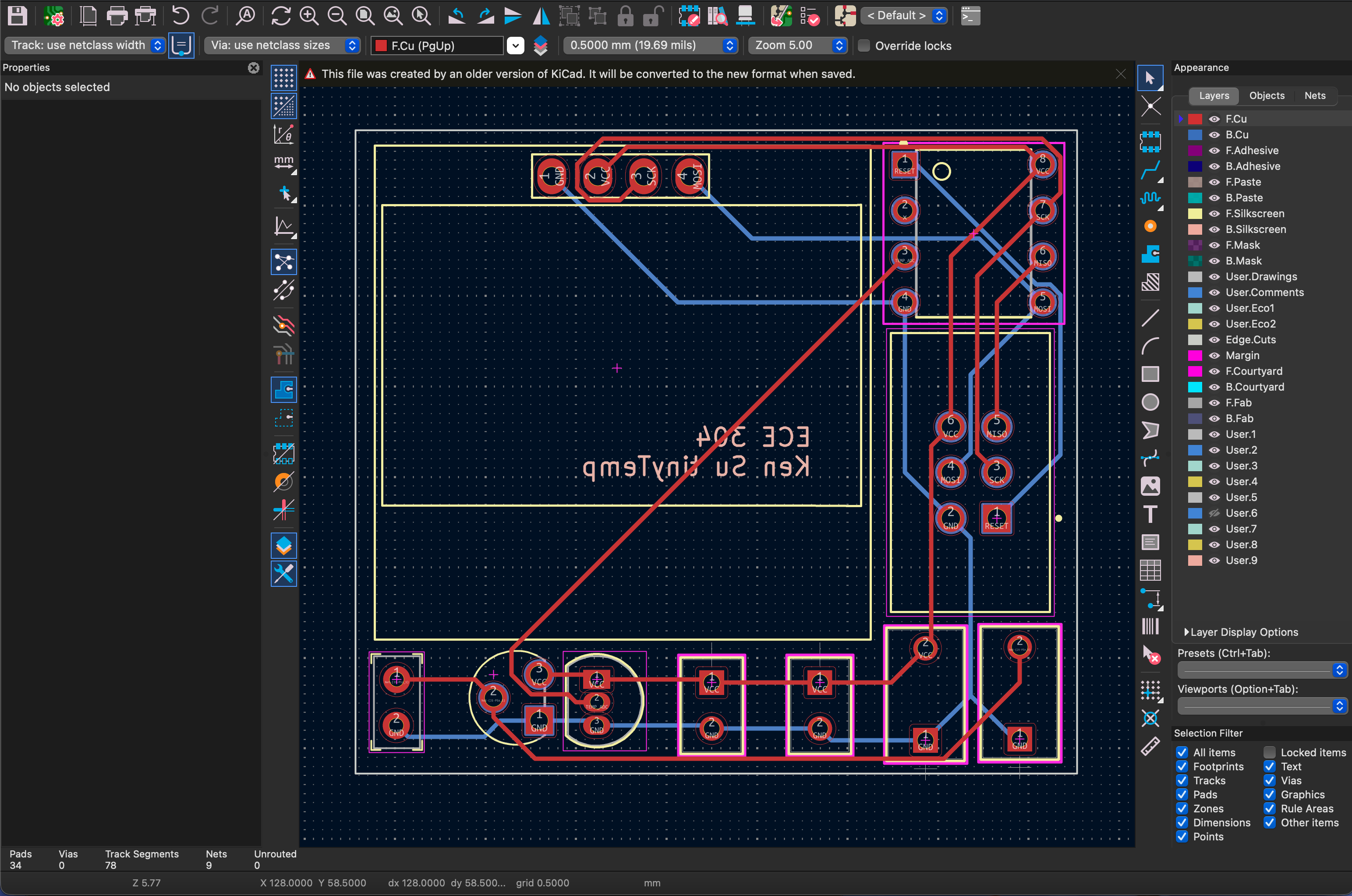 tinyTemp ATtiny85 PCB layout in KiCad